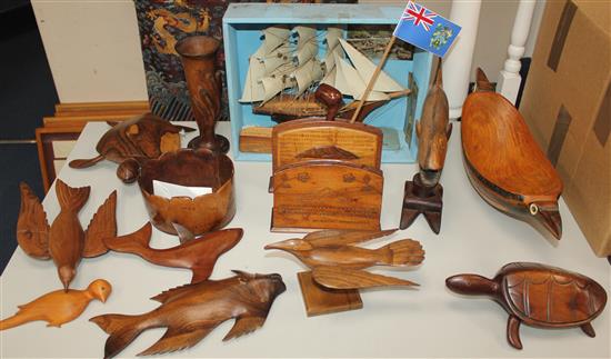 A collection of twenty one Pitcairn Islands souvenir carved hardwood models, diorama 15in.